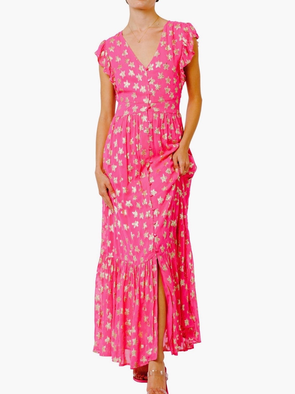 Bright Pink Floral V-Neck Maxi Dress with Flutter Sleeves